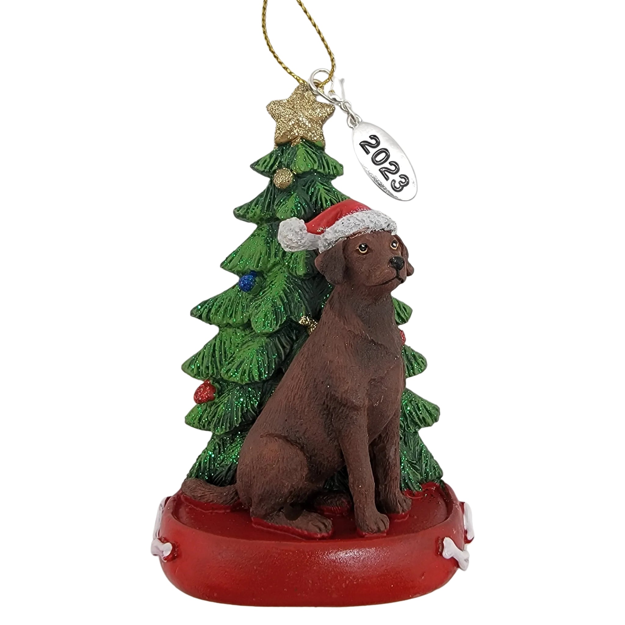 Chocolate Labrador Dog with Tree Ornament