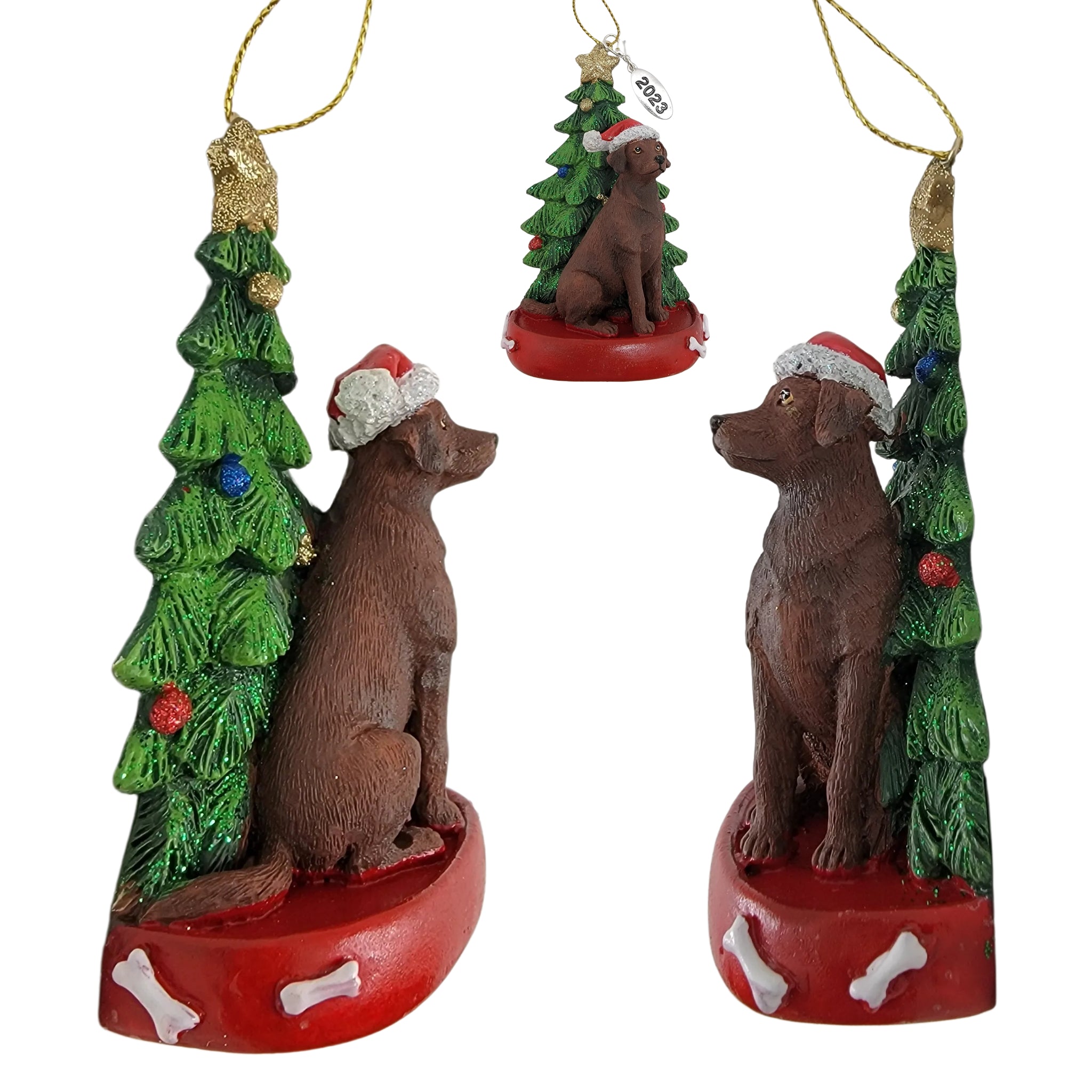 Chocolate Labrador Dog with Tree Ornament