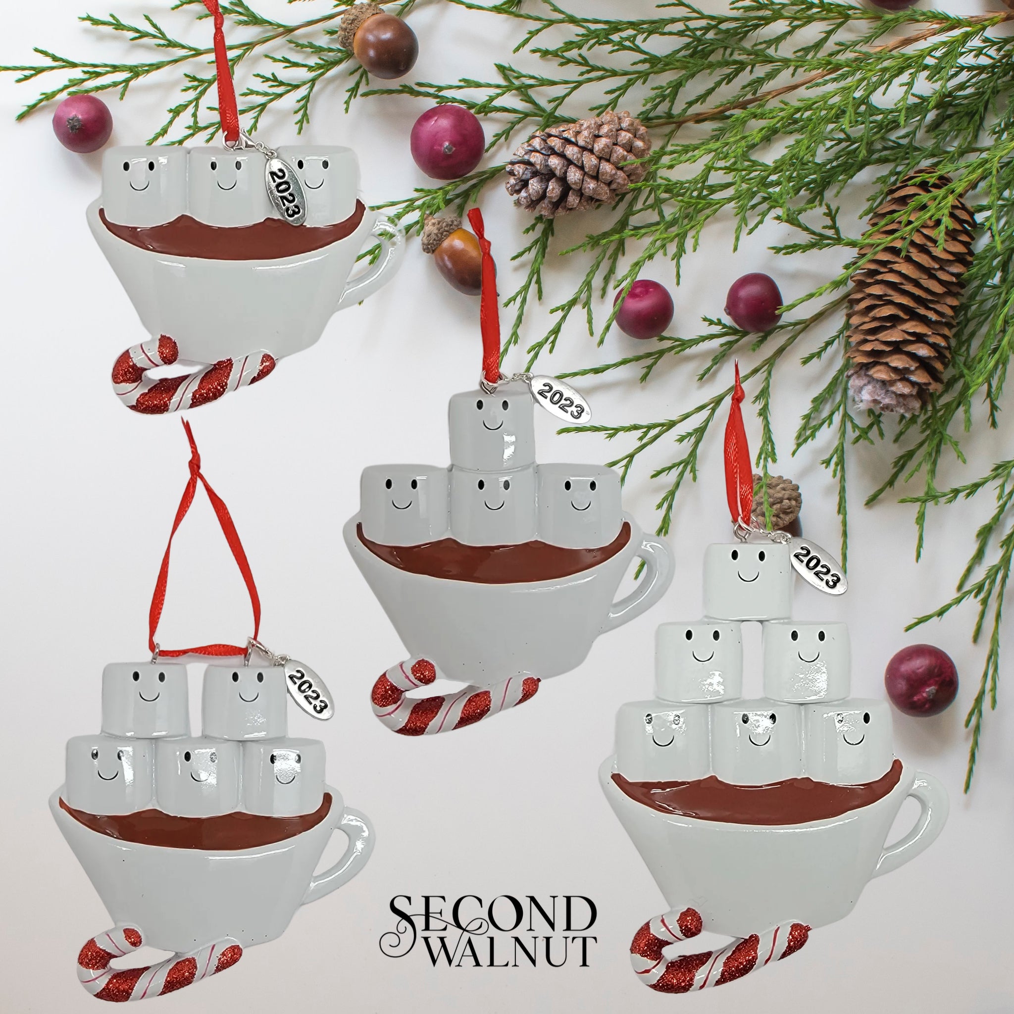 Family of 3 Christmas Ornament Hot Chocolate with Marshmallow Smiles