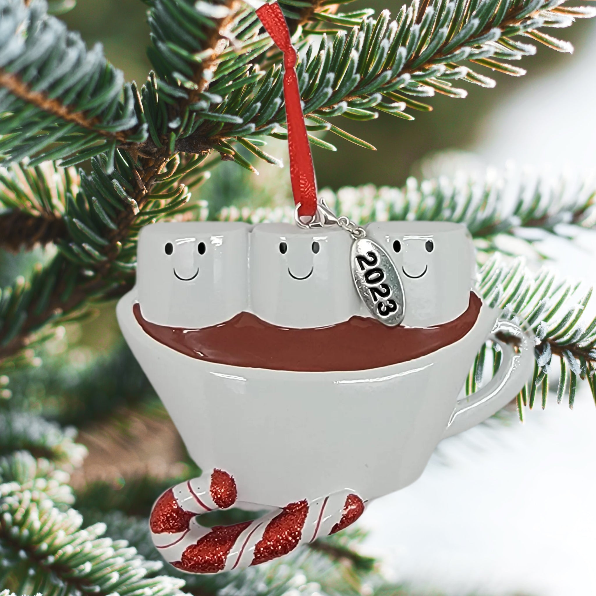 Family of 3 Christmas Ornament Hot Chocolate with Marshmallow Smiles