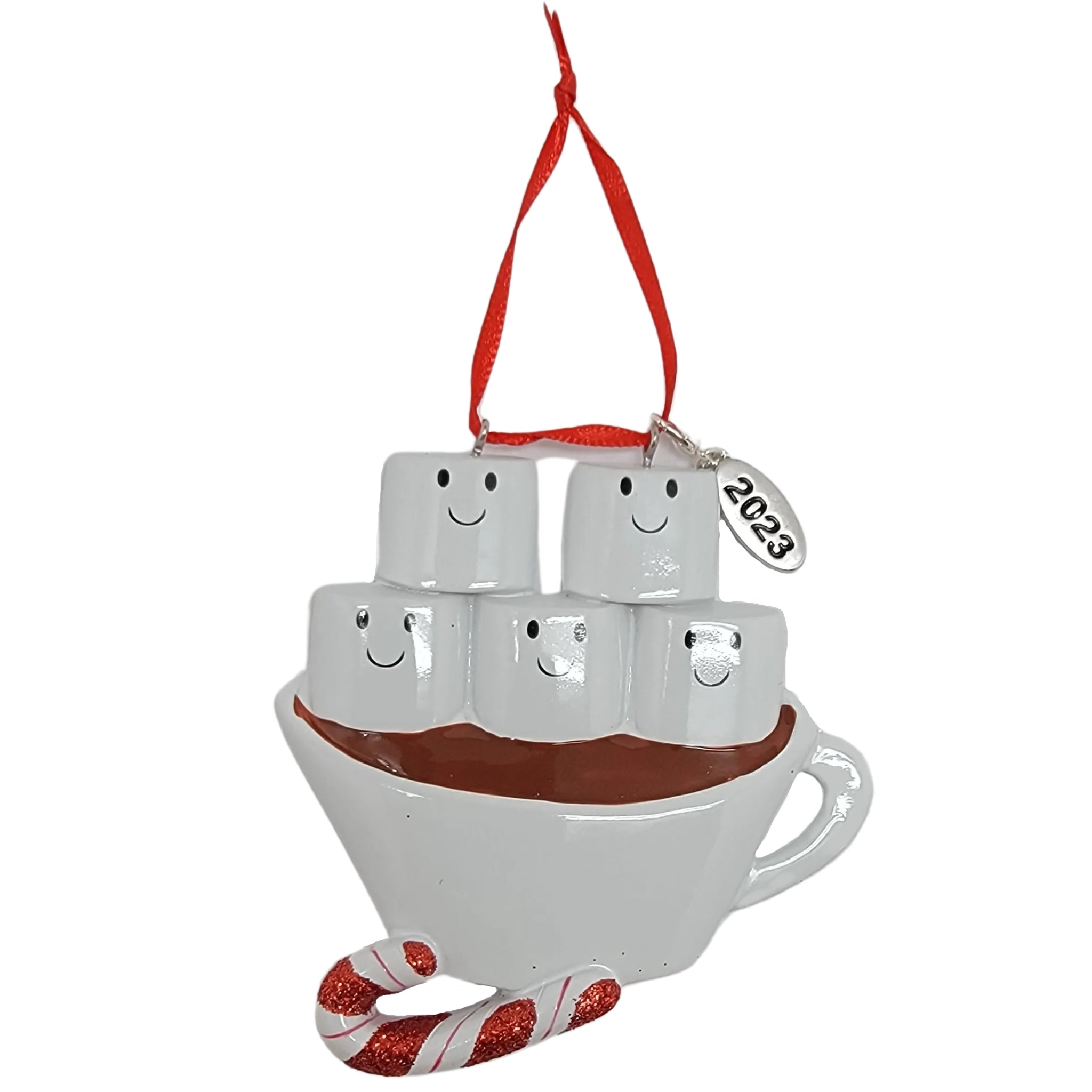 Family of 5 Christmas Ornament Hot Chocolate with Marshmallow Smiles