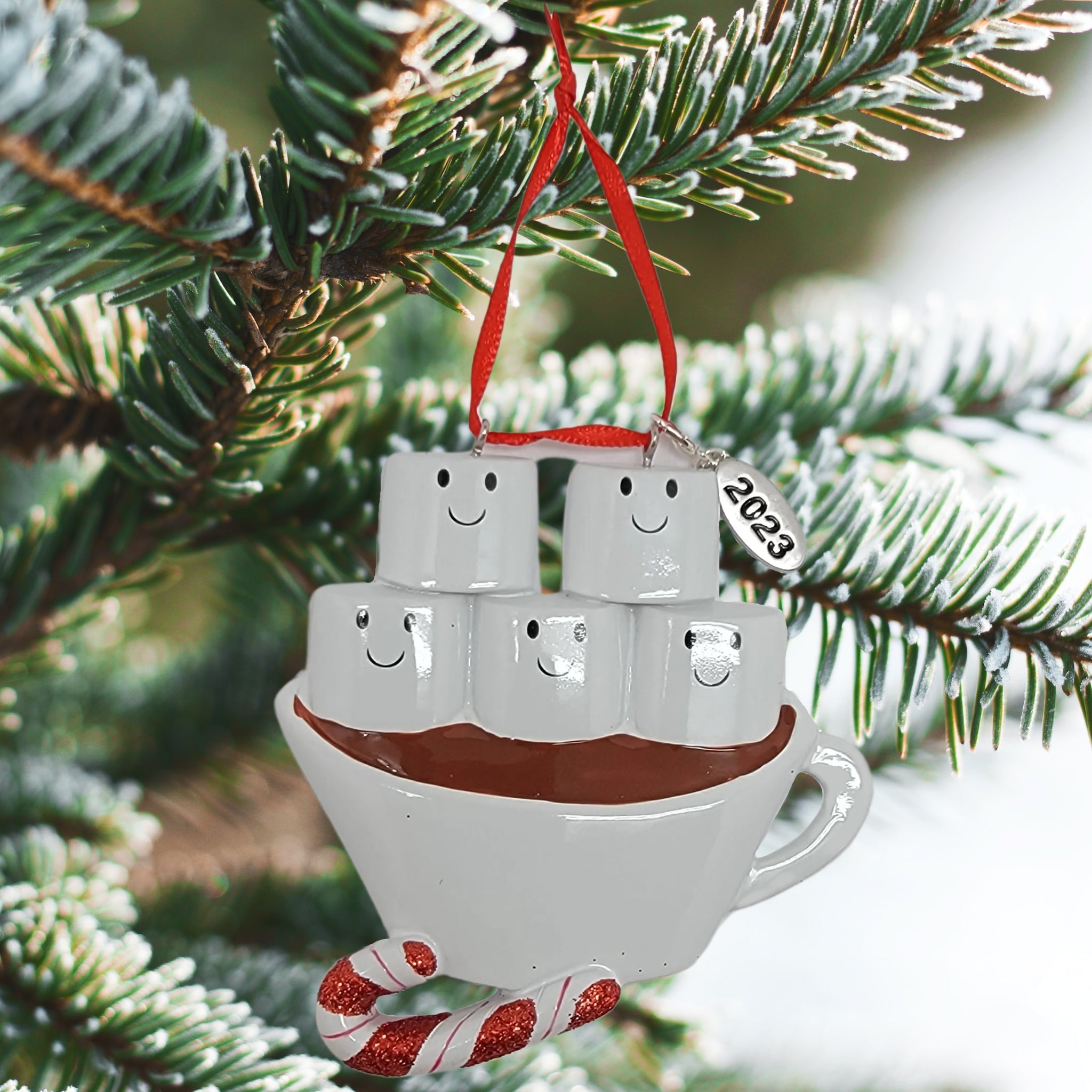 Family of 5 Christmas Ornament Hot Chocolate with Marshmallow Smiles